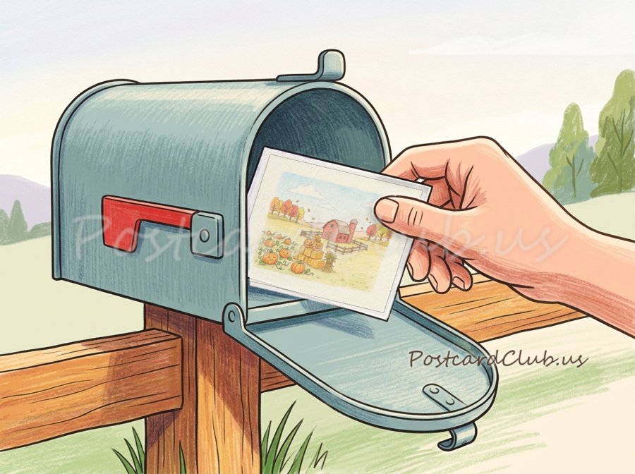 A hand taking a PostcardClub.us card out of a rural mailbox.