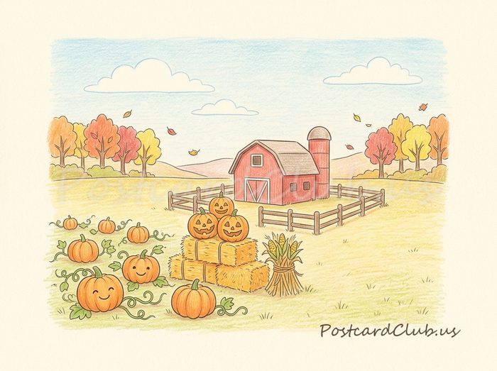 Pumpkin patch: Smiling jack-o'-lanterns by a red barn.